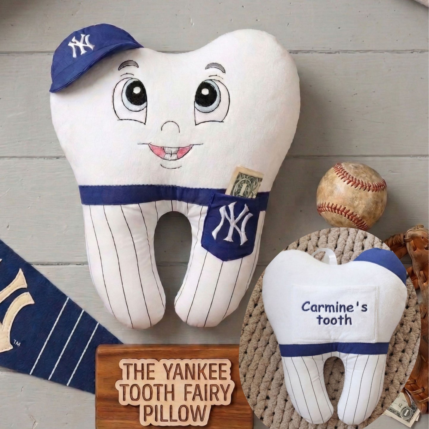 Personalized Baseball Tooth Fairy Pillow – Custom New York Yankees Inspired Stuffed Tooth Toy, Keepsake Gift for Kids