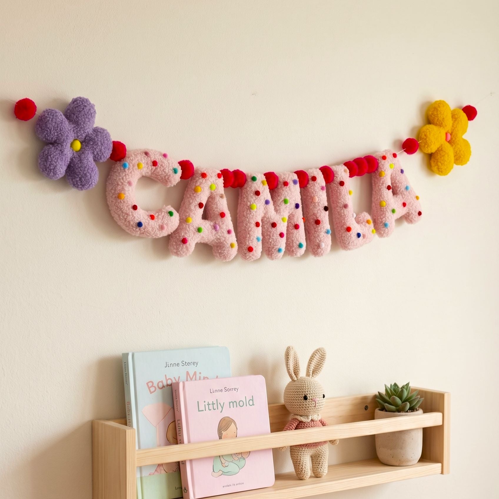 Decorative name banner with colorful polka dots and flowers above a shelf with books and a toy.