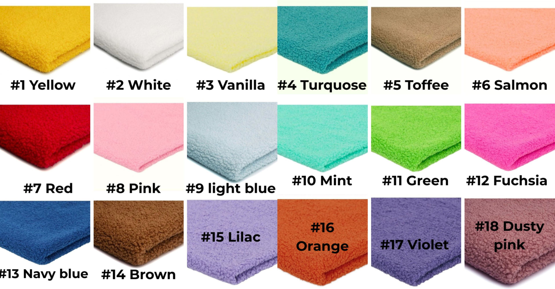 Collection of folded towels in various colors with labels underneath.