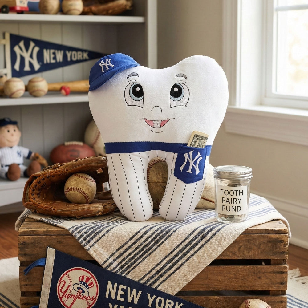 Toy tooth with New York Yankees uniform on a wooden bench with baseball-themed decor.