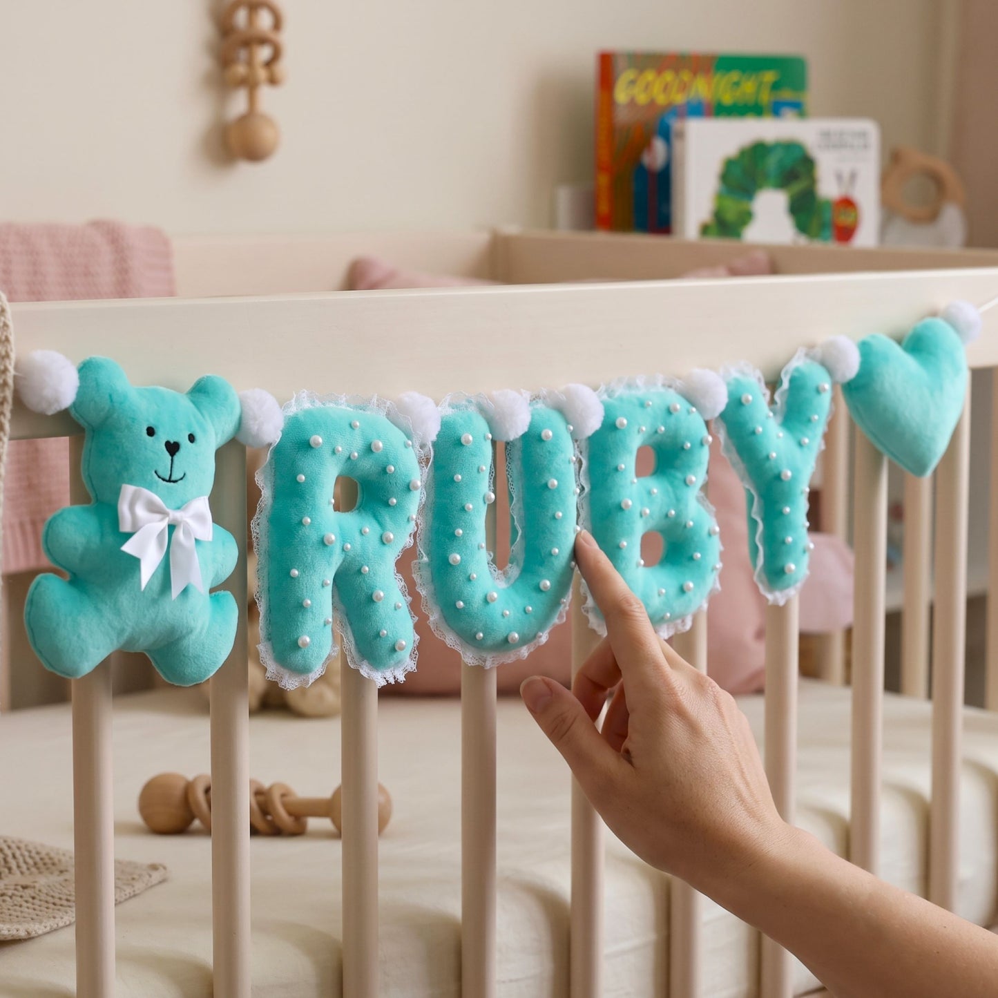 Personalized mint plush name banner spelling RUBY with teddy bear and lace heart, shabby chic nursery decor