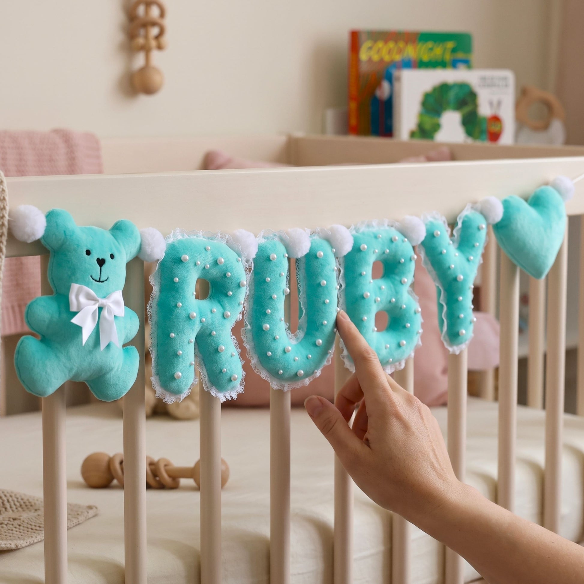 Personalized mint plush name banner spelling RUBY with teddy bear and lace heart, shabby chic nursery decor