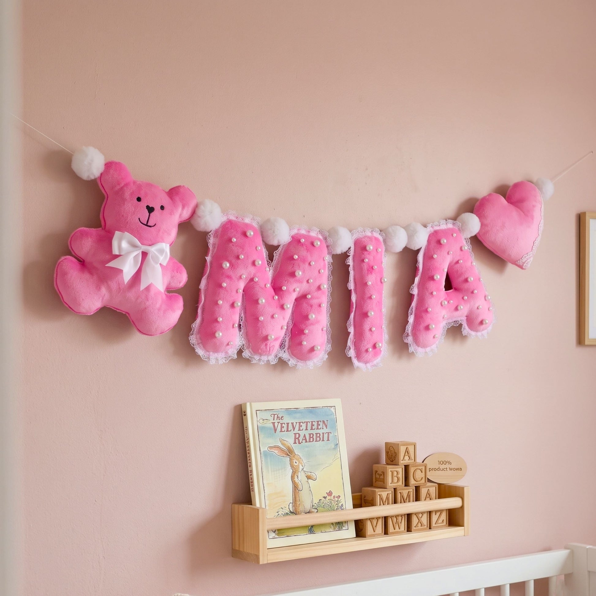 Personalized plush name banner spelling MIA with pink teddy bear and heart, shabby chic nursery decor