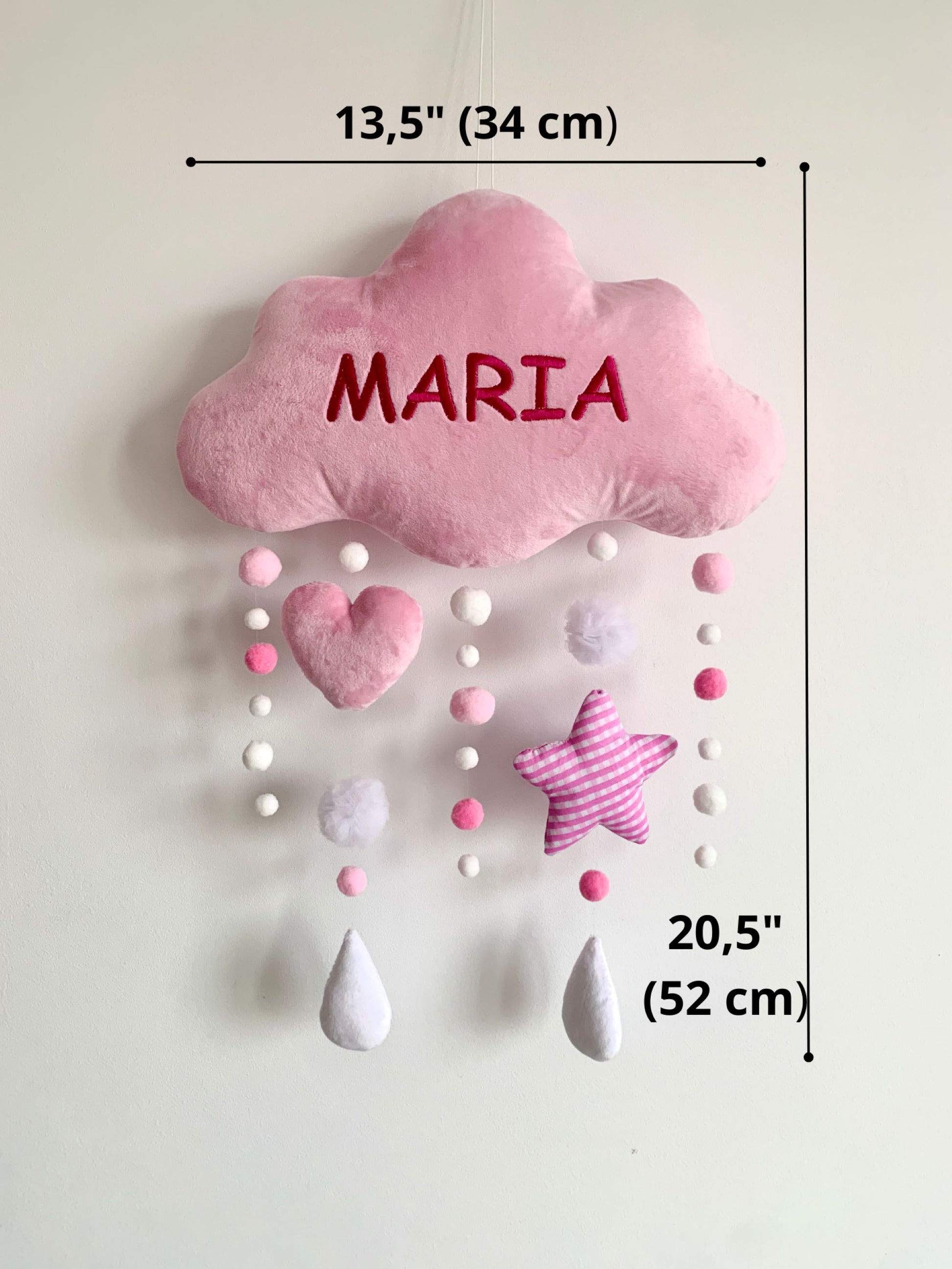 Pink cloud-shaped baby mobile star, heart, and raindrop decorations with measurements on a light gray background.