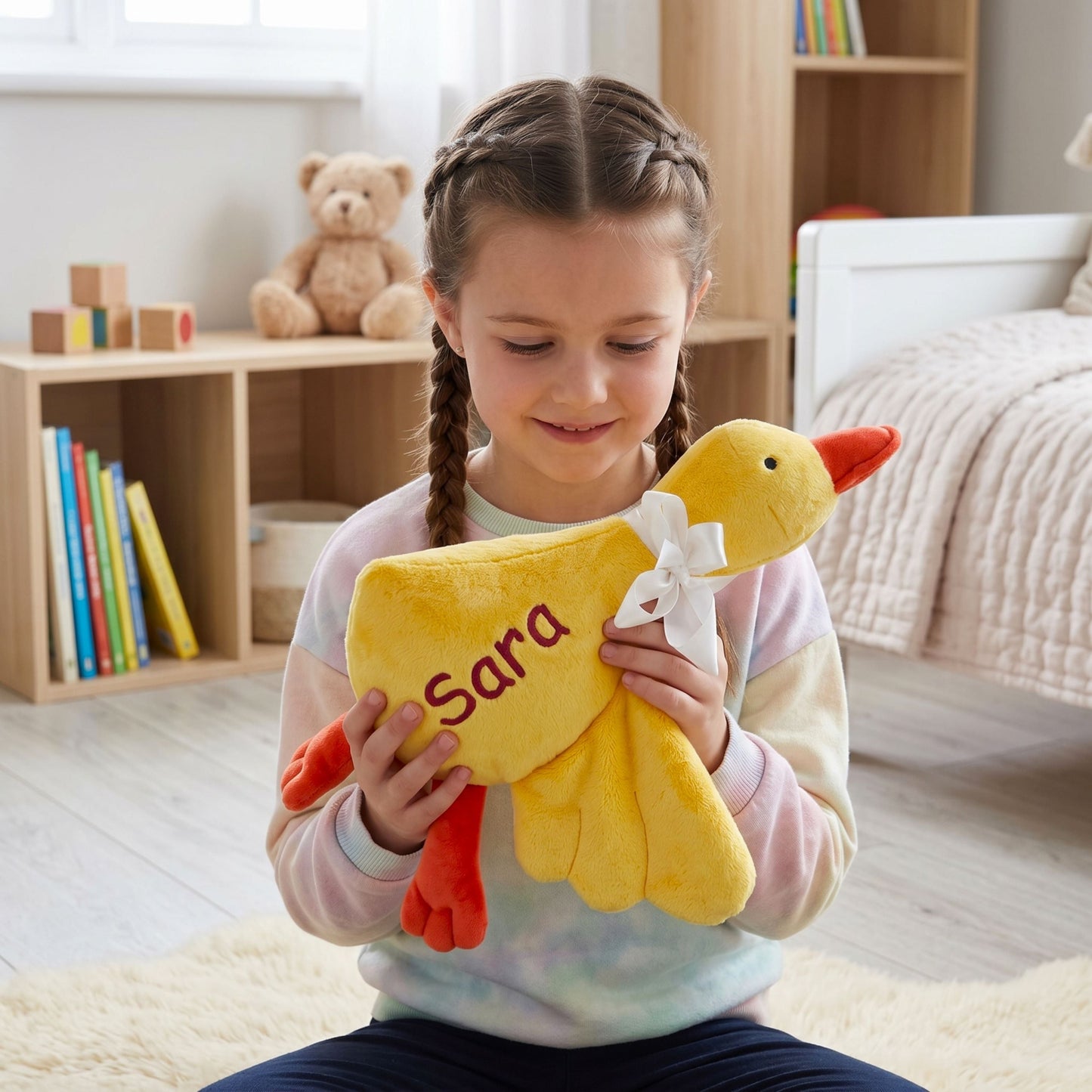 Young girl holding a yellow plush duck with 'Sara' on it in a cozy living room.
