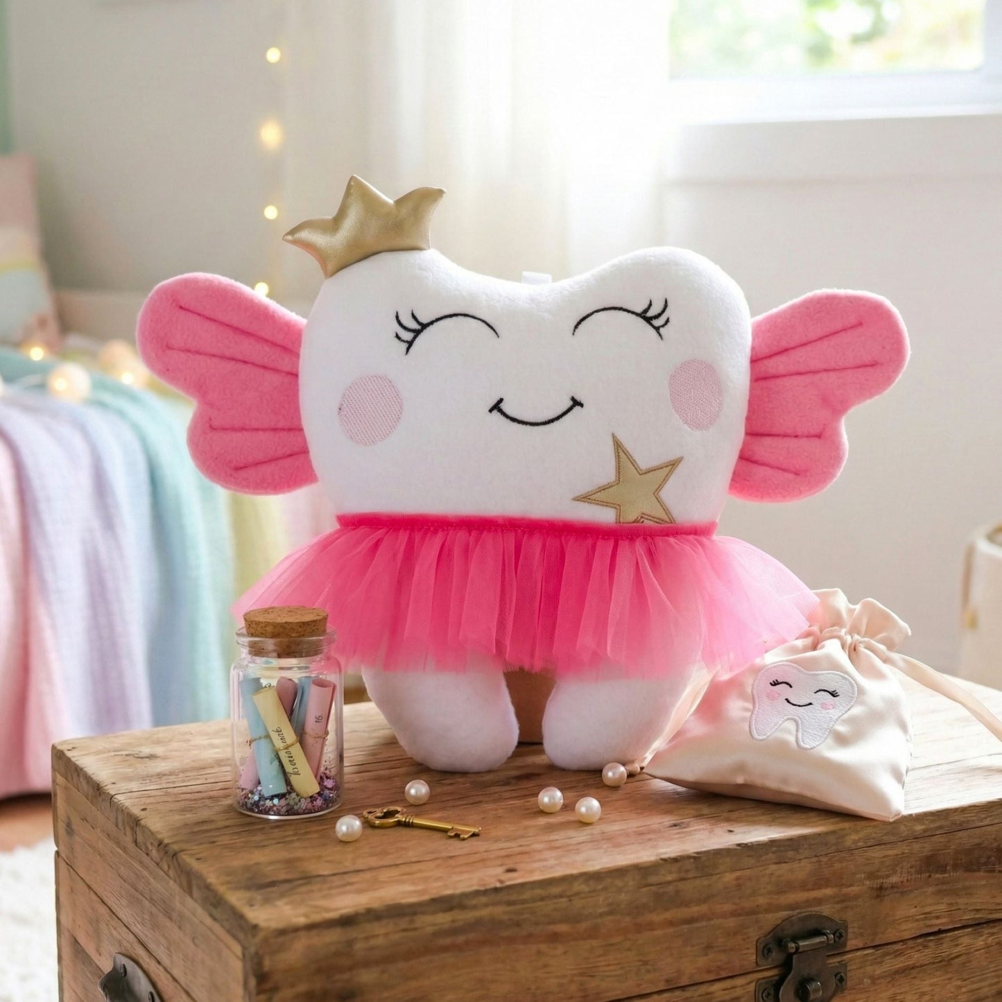 Plush toy with fairy wings and a star on a wooden surface