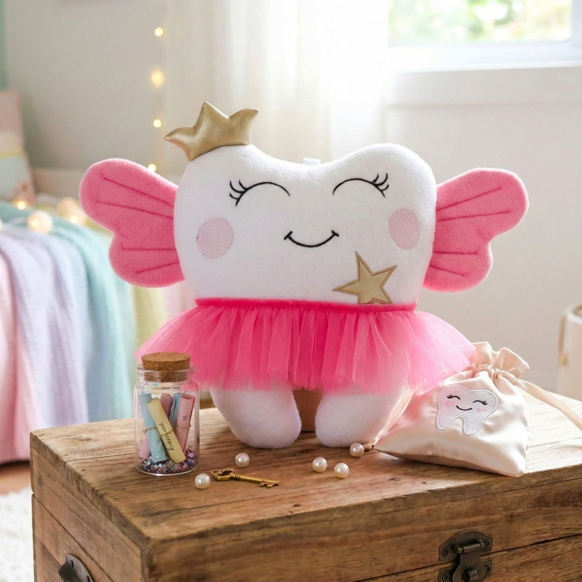 Plush toy with fairy wings and a star on a wooden surface