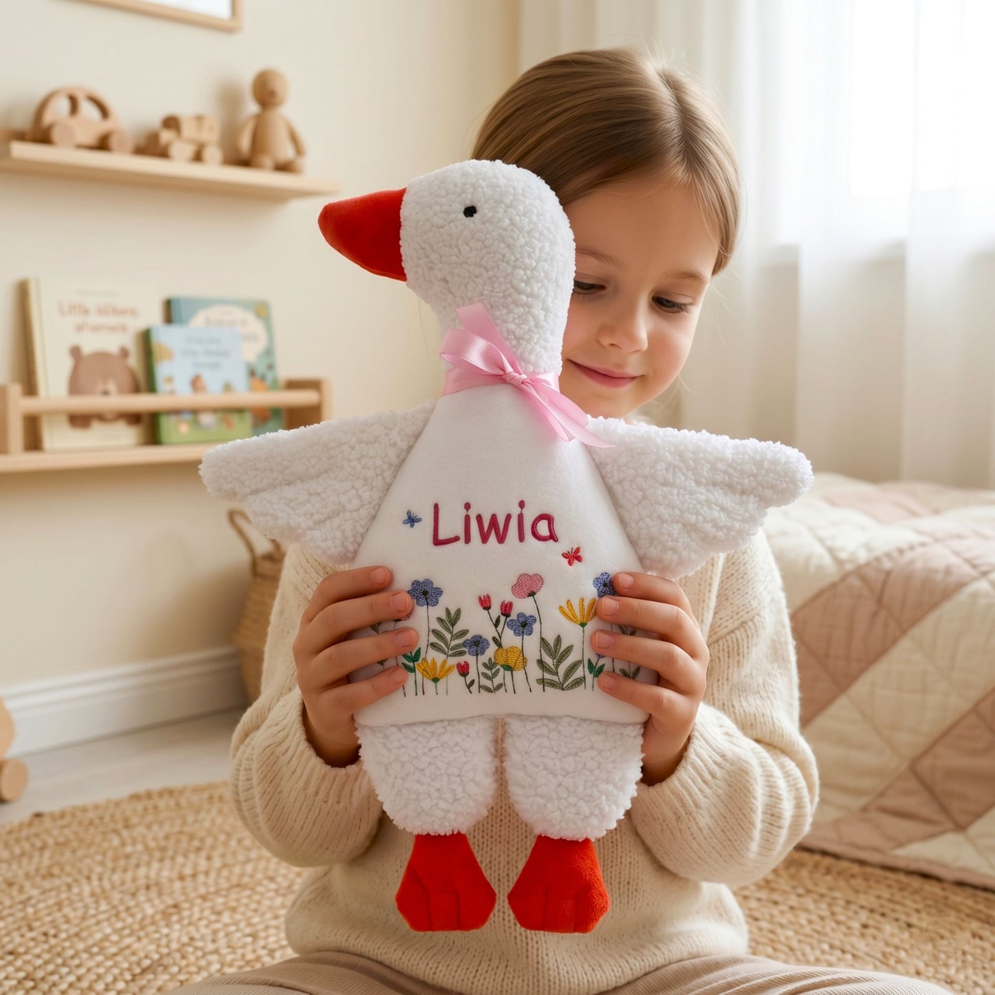 Child holding a plush toy goose with 'Liwia' embroidered on it, in a cozy indoor setting.