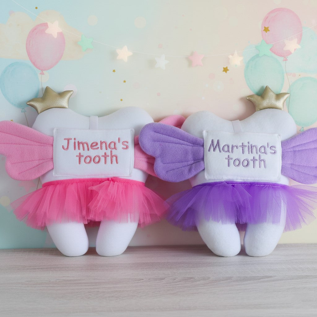 Two tooth fairy pillows with tutus, one pink and one purple, against a pastel background with balloons.